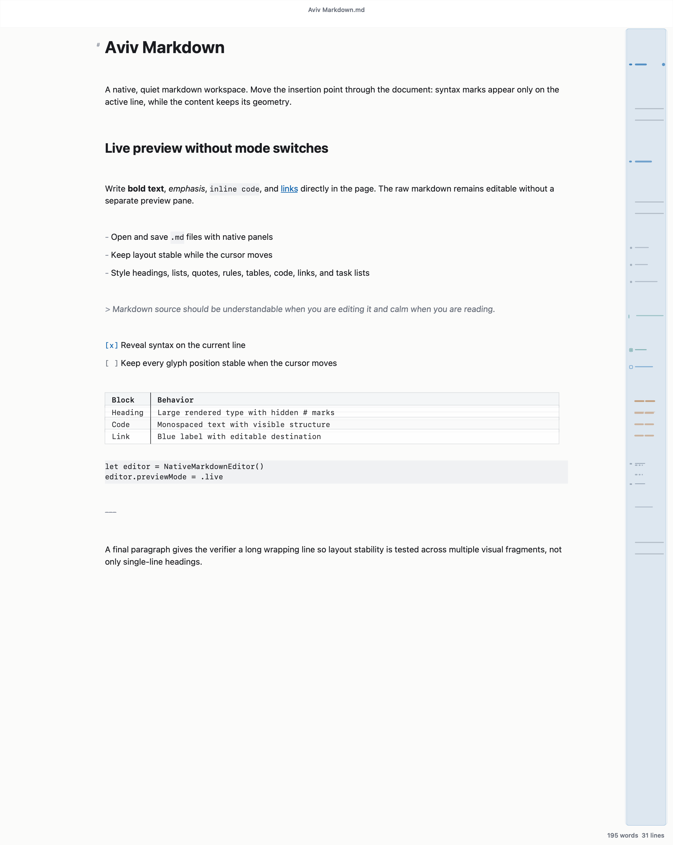 Aviv Editor showing a rendered Markdown document