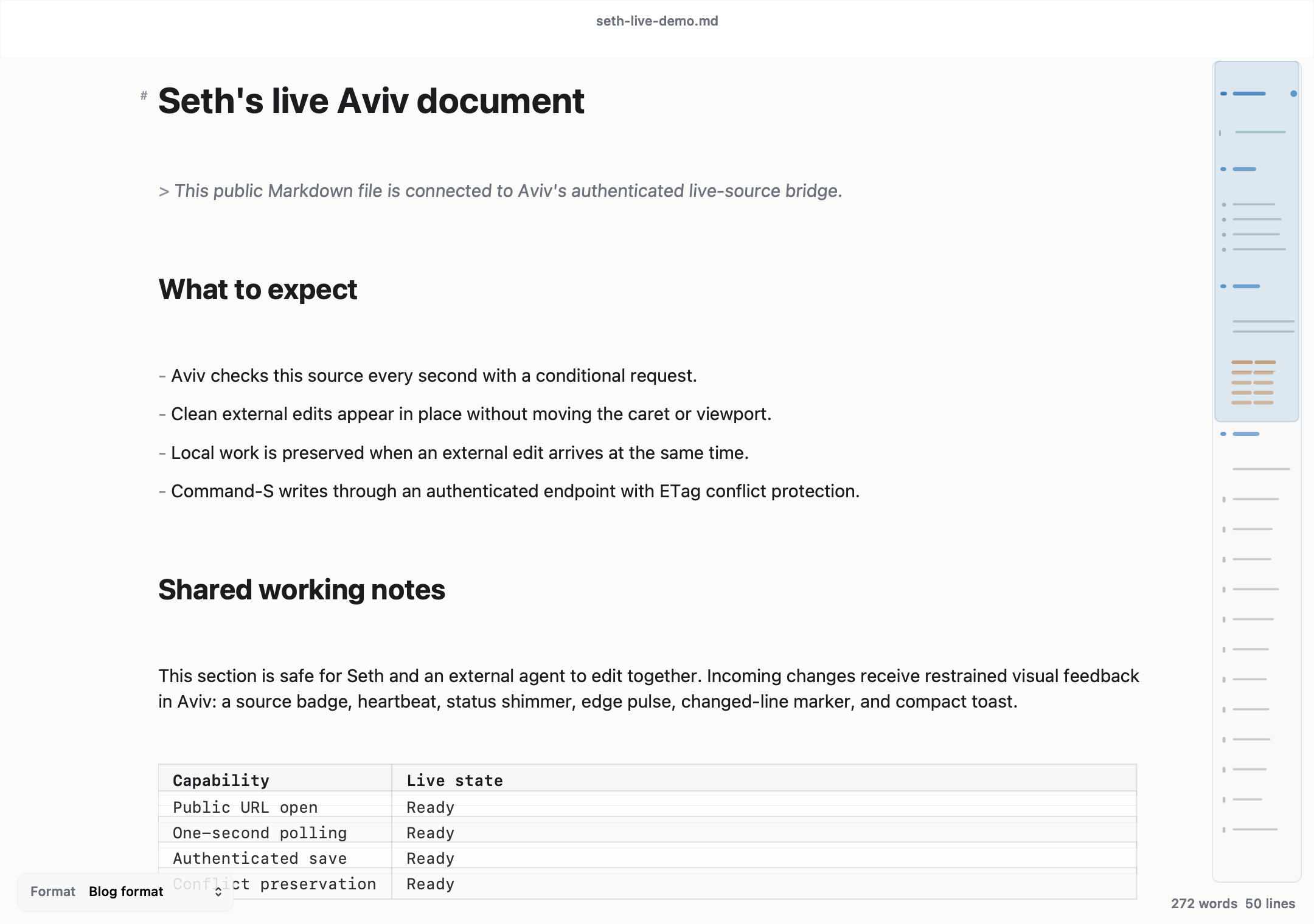 Aviv revealing the raw heading marker in a URL-backed live Markdown document