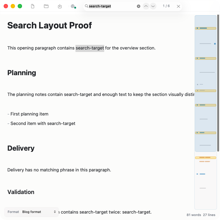 Aviv 1.1.5 showing a compact non-overlapping search field with previous and next buttons and yellow match markers in the document outline